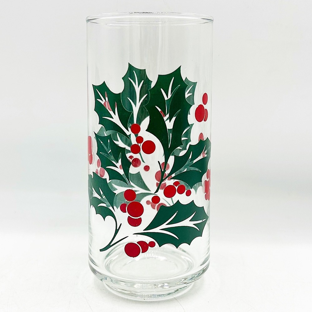 Vintage‎ Christmas Holly Berry Clear Glass Tumbler